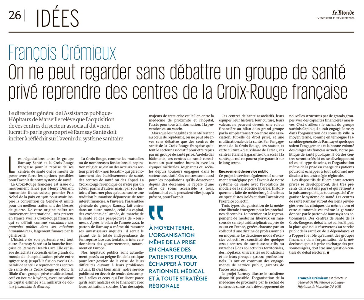 FCREMIEUX's tweet photo. Un groupe privé qui reprend des centres de santé de La Croix Rouge: dans @lemondefr, j’appelle à un débat nécessaire sur le système de santé que nous voulons. https://t.co/tcy9A8m7mZ