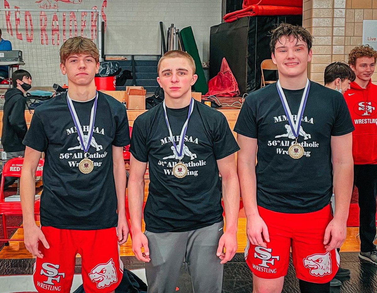 Stfrancishigh's tweet photo. On Feb 6, the St. Francis Wrestling team finished second against St. Joe’s. Three Red Raider All-Catholic Champions were crowned: 132 Bryce Roberts, 145 Liam Edwards &amp; 285 Jack Coughlin. We also want to recognize the hard work of Coach Messore who earned Coach of the Year Honors! https://t.co/mK09gfNxAH
