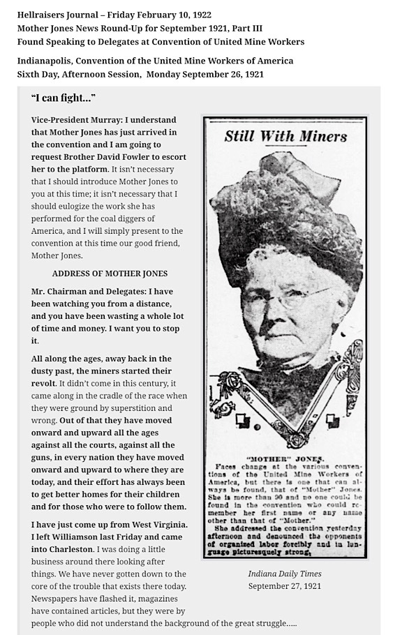 LaborMartyrs's tweet photo. #Solidarity #MotherMaryHarrisJones #HellraisersJournal
Whereabouts and Doings of Mother Jones for September 1921, Part III: Found Speaking at Indianapolis Convention of United Mine Workers https://t.co/6yV7qSrdZh https://t.co/fgJWhCmoSC