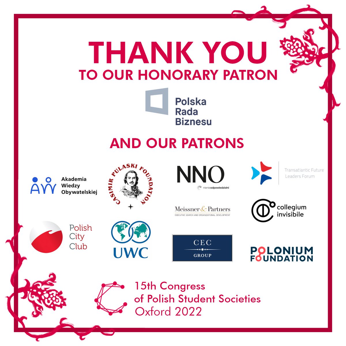 CongressPL's tweet image. This year the #XVCongress was supported by incredible Honorary Patrons! We would like to thank you for your contribution to making this year's Congress such an unmissable experience!

#connectincongress