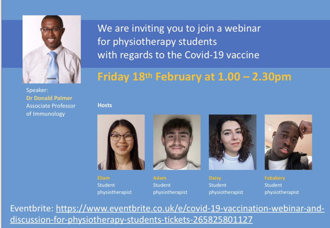 Rachael Moses (@nhsrachaelm) on Twitter photo Calling all physio students, educators and lecturers - sharing this covid vaccination information session run by students for students next week
Fri 18th Feb 1-2.30
Sign up here
eventbrite.com/e/covid-19-vacโฆ
Please share & tag people ๐๐ป <a href="/thecspstudents/">CSP Students</a> thanks for your support ๐ Calling all physio students, educators and lecturers - sharing this covid vaccination information session run by students for students next week
Fri 18th Feb 1-2.30
Sign up here
eventbrite.com/e/covid-19-vacโฆ
Please share & tag people ๐๐ป <a href="/thecspstudents/">CSP Students</a> thanks for your support ๐