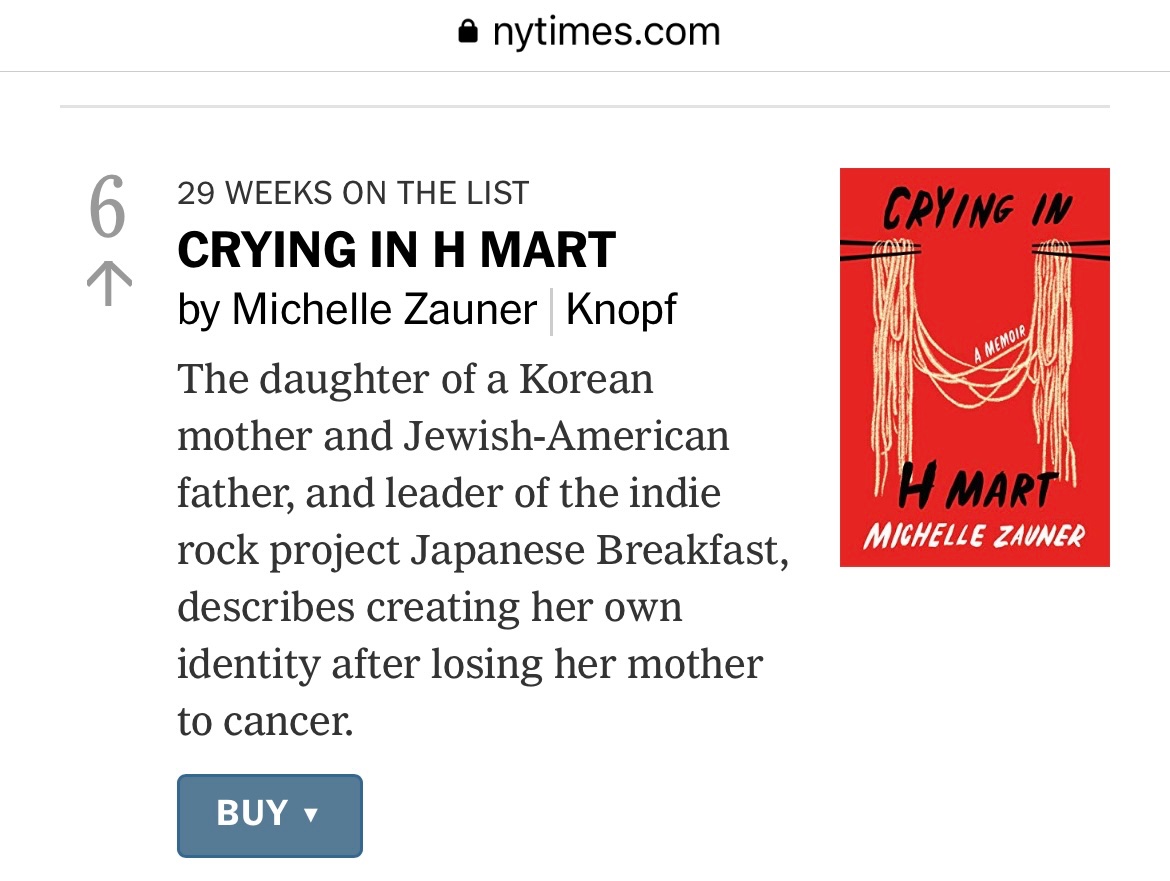 Jbrekkie's tweet photo. Crying in H Mart has been on the @nytimes bestsellers list for 29 weeks 🤯 https://t.co/3OmfKEkRRL