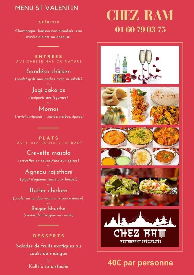 MENU SAINT VALENTIN  Cherz Ram, Évry-Courcouronnes
Lundi 14 février 2022
Campagne avec 5 plats 

#chezram #saintvalentin #menusaintvalentin #stvalentin #saintvalentin2022 #saintvalentinesday #Essonne #evry