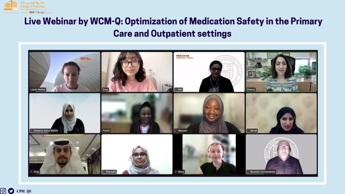 P3 student "Shareefa" have participated in the recent WCM-Q workshop “Live webinar: Medication Safety in the Primary Care &amp; Outpatient Settings and shared her experience about pharmacy students preparedness to ensure medication safety.
#CPH #Pharmacy #PursuingExcellence