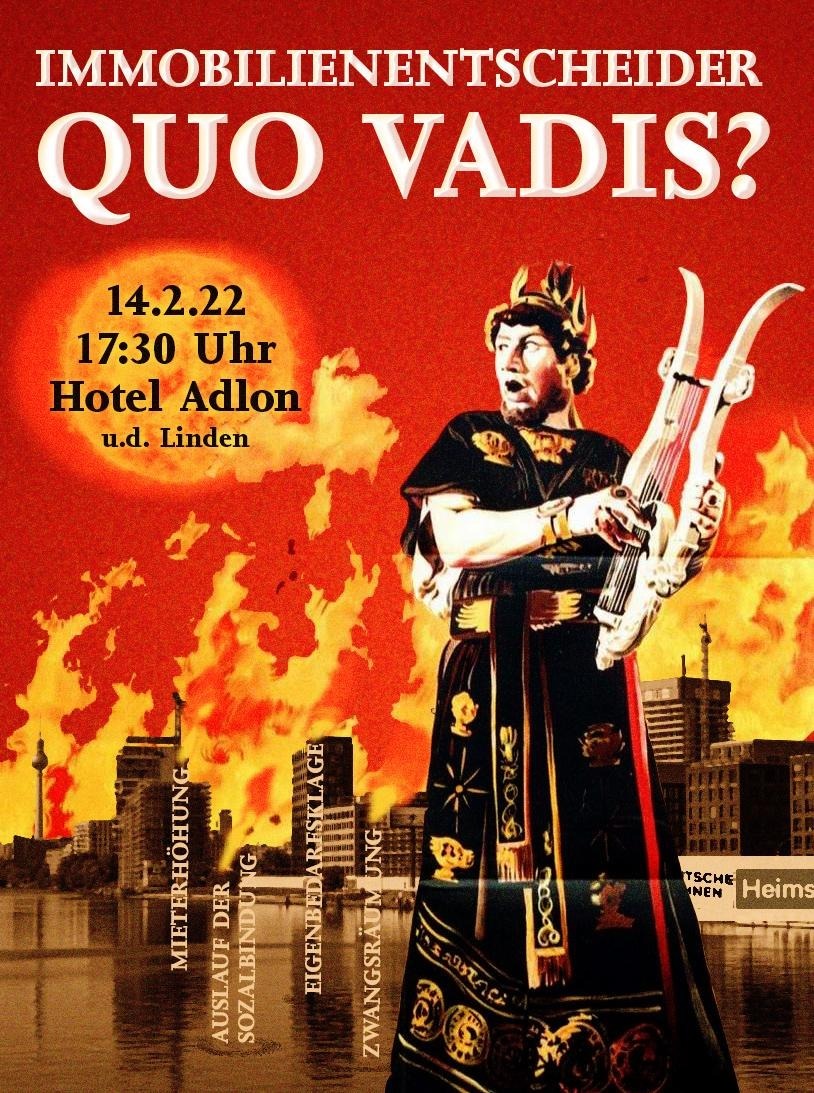 Vom 14. - 16. Februar treffen sich die "Immobilienentscheider" im Hotel Adlon. 
Um geg diese systematische Verdrängung u den Einfluss der Immobiliernlobby auf d Politik zu protestieren, lädt Das Bündnis für urbane Mobilbeschallung zur Kundgebung: 14.2. ab 17:30h, vorm Hotel Adlon