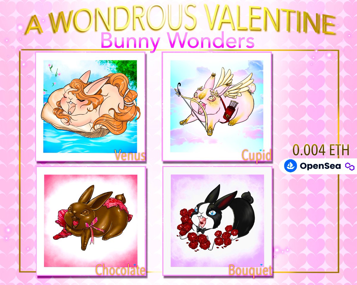 ✨A wondrous Valentine's day is underway! Get ready for some love ❤️

🌈Drop on: February 14th!
🟡0.004 ETH Polygon

✨Soon on Opensea✨
opensea.io/collection/bun…

#NFTs #nftcollector #NFTCommunity #NFTdrop  #OpenSeaNFT #nftcollectors #NFTartists #nftart