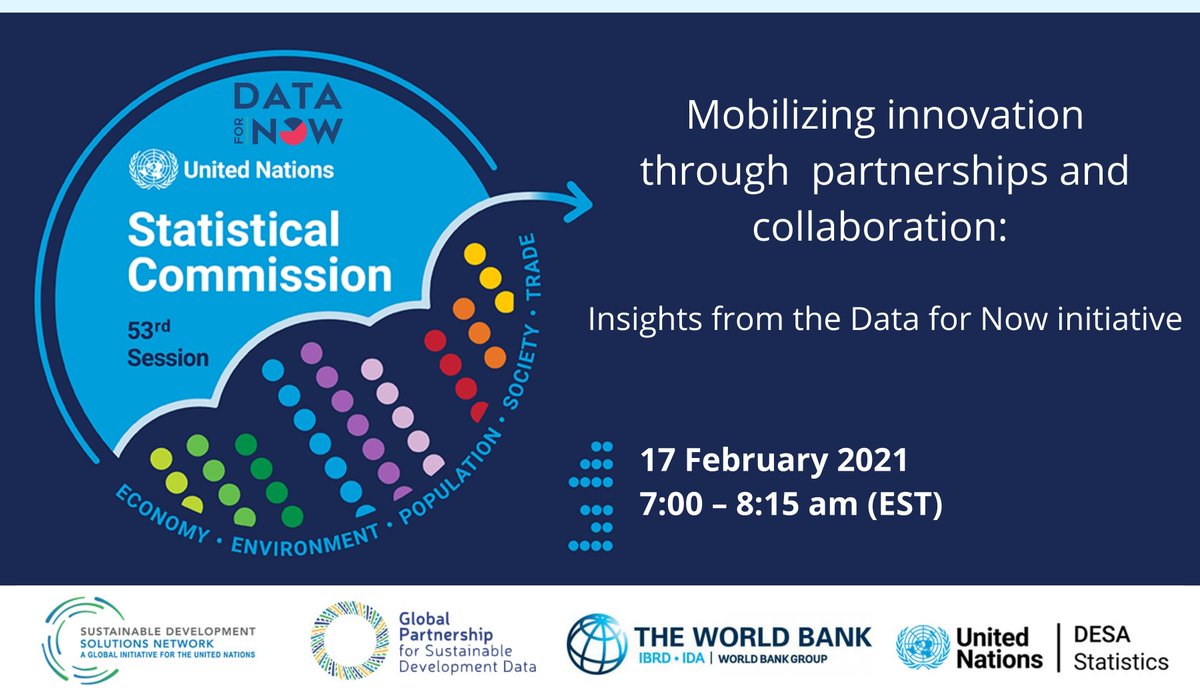 ⚠️Don’t miss our fascinating #UNSC53 side event co-hosted with @Data4SDGs, @sdsn_TReNDS & @worldbankdata to learn more about recent country experiences of innovative partnerships and solutions built as part of #DataforNow.
 
👉 Register here: unfoundation.zoom.us/webinar/regist…
