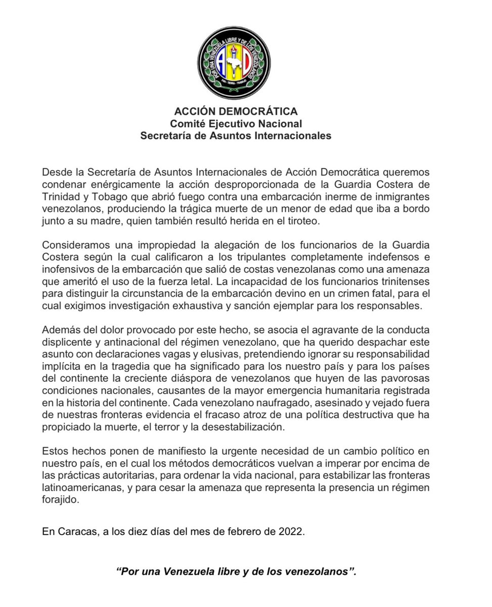 ADAsuntosIntl's tweet photo. #ATENCIÓN | Pronunciamiento de Acción Democrática ante el atroz asesinato de un niño venezolano en las costas de Trinidad y Tobago.

Condenamos este hecho, y condenamos a los responsables de la creciente diáspora de venezolanos que huyen del hambre, el terror y la incertidumbre. https://t.co/g3nAQMhAdT