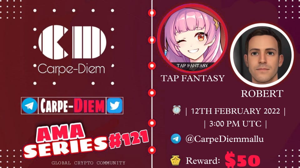 Carpediemcryp's tweet photo. AMA 121
CARPEDIEM IS PROUD TO ANNOUNCE OUR #AMA SESSION WITH TAP FANTASY ON 12TH  February AT 3: 00 PM UTC 

Rules 

Follow 

@Carpediemcryp

@tapfantasy2021

Like &amp; Retweet

Comment your questions and tag 3 friends

Maximum 4 questions per user

❇VENUE :https://t.co/GQq2YMvTjf https://t.co/4ZAVV1Kw6n