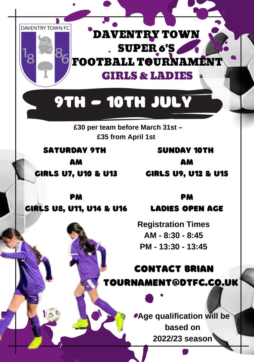 DaventryTownFC's tweet photo. Details of our Super 6's football tournament can be shared! 

- Girls &amp; Ladies is on 9-10 July.
- Mixed football from U7s upwards is on 16-17 July.

Full tournament details and registration forms can be found at: https://t.co/mMBCgzCM0D

Contact @BielefeldPompey if any issues! https://t.co/hn0UPJygtY