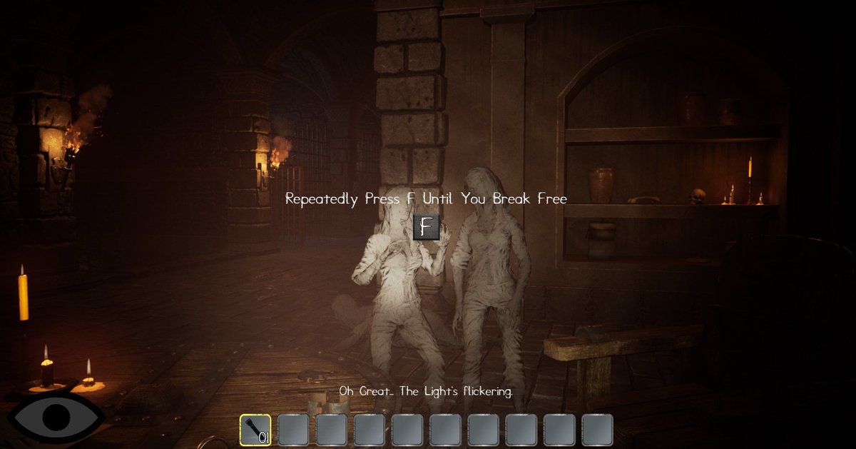 <a href="/Ajo1322/">alejojojo</a> Working on a weeping angels game. Finalising the last massive feature before it's done.

2nd image is a bit chaotic, the player held on by the angel so you have to free yourself, but at the same time, they are using their other attack method switching off the lights. #indiedev