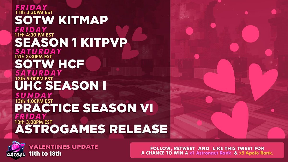 En celebración por el lanzamiento de la San Valentín Update de Astral, estaré sorteando lo siguiente:
 
✦ 1x Astronaut Rank
✦ 5x Apolo Ranks
 
Follow <a href="/AstralNetworkCC/">AstralMC</a>, <a href="/PanditasLover/">PanditasLover</a>  y RT para participar.