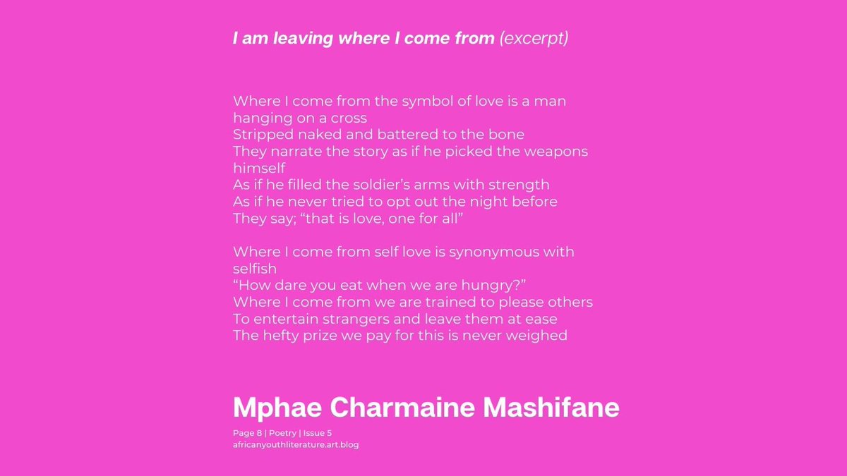 JAY_Literature's tweet photo. Mphae Charmaine Mashifane [@MphaeCharmaine] is a coffee lover and a widely published South African writer who expresses her being in poetry. 

Click to read her poem 'I am Leaving Where I Come From' in #JayLit issue 5 ❤️ (free download)

https://t.co/lWKnppFVCy https://t.co/FIvTa2odd3