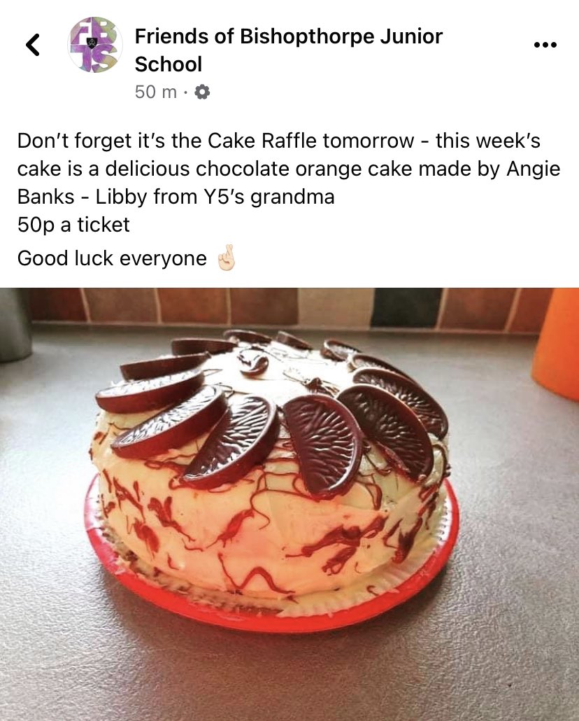 Cath_Pryce's tweet photo. It’s the cake raffle tomorrow 👌🏻
Make sure your child has a 50p to be in with a chance of winning xx

@AYJSupdates @ayjsMrsD @AYJSMrsS @Year5AYJS https://t.co/RNoDtiSA58