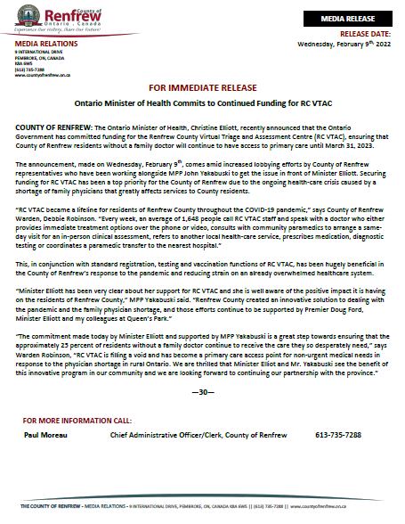 rcvtac's tweet photo. #RCVTAC is pleased to share that the Ontario Government has recently announced they will continue to provide funding for the Renfrew County Virtual Triage and Assessment Centre until March 31, 2023
Read the Media Release below for more information. https://t.co/F3ln5D4gaa