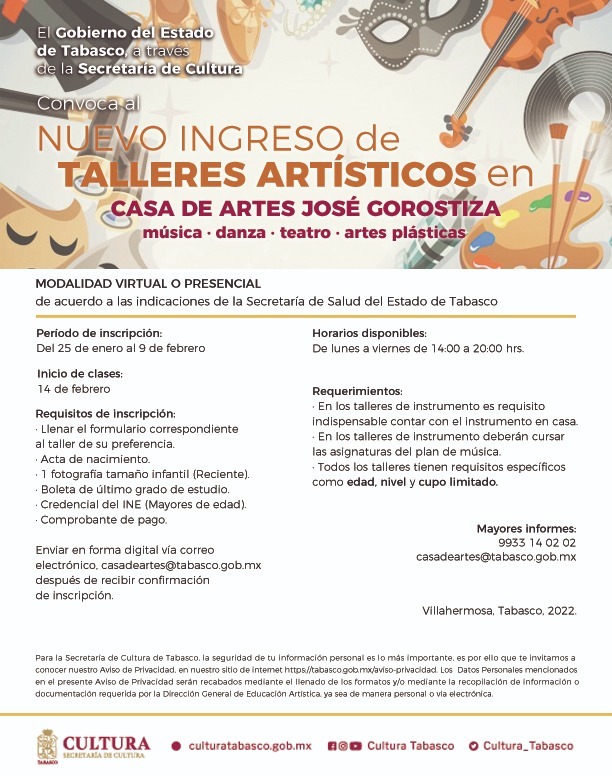 AngelBaCruz's tweet photo. ¿Te gusta dibujar o pintar? ¿Te gustaría aprender a tocar un instrumento? ¿Te gustan la danza o el teatro?

La Secretaría de Cultura de Tabasco te invita a inscribirte a los talleres artísticos que iniciarán este 14 de febrero. AÚN ESTAS A TIEMPO!!! https://t.co/MxccxjVvVV