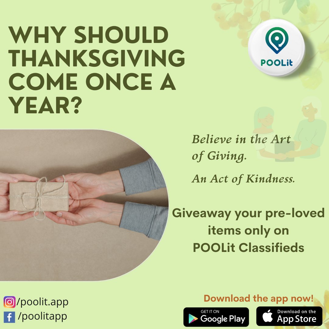 POOLitApp's tweet photo. Believe in the Art of Giving. As we say this, POOLit Classifieds gives you an option to giveaway your pre-loved items for free!
Kindness is free, sprinkle it everywhere ๐ฅฐ
Join us to initiate a sustainable lifestyle & be a part of our trusted community!
#poolit #classifiedads https://t.co/nhrUvMrNMW