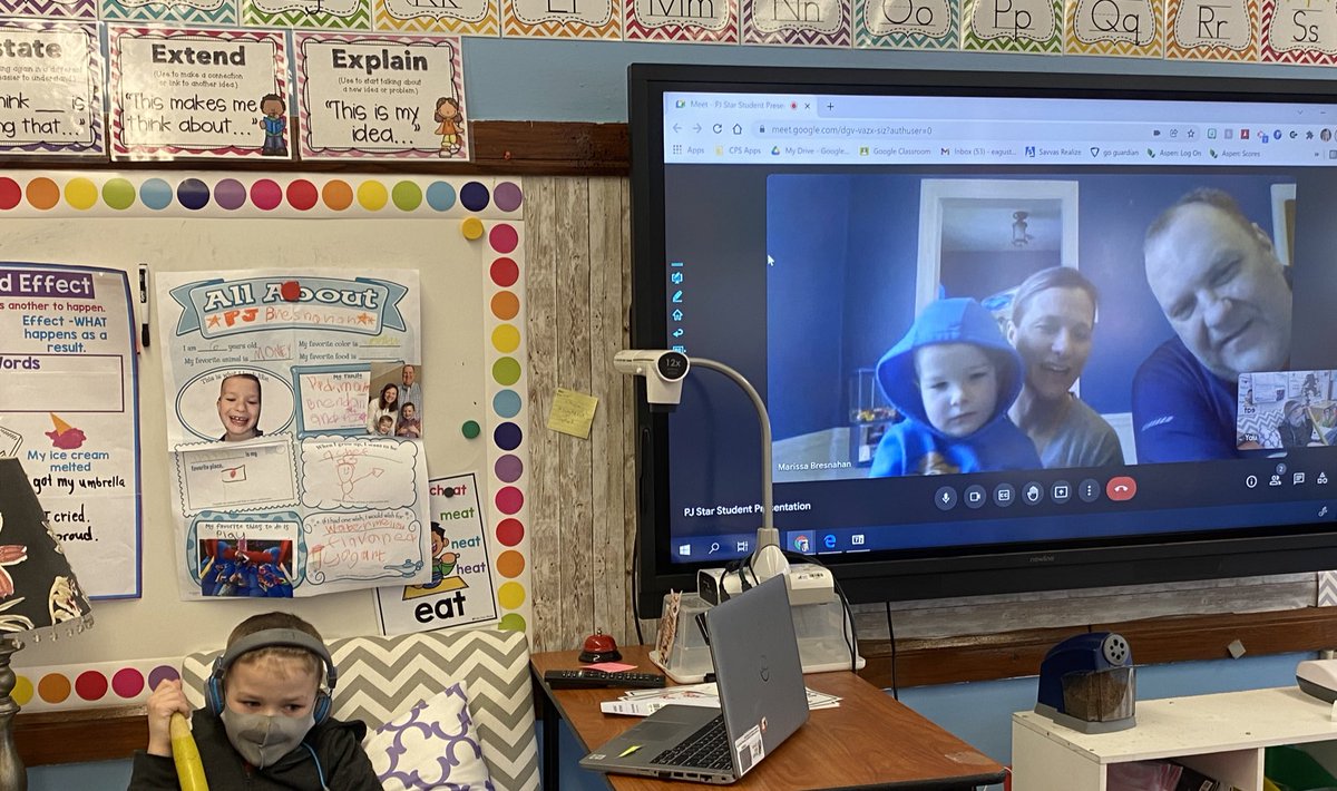 MrsGaughan103's tweet photo. Our star student this week was PJ! We had fun sharing with PJ’s parents and Brenie ! @SauganashCPS https://t.co/8KnJwF5kTQ