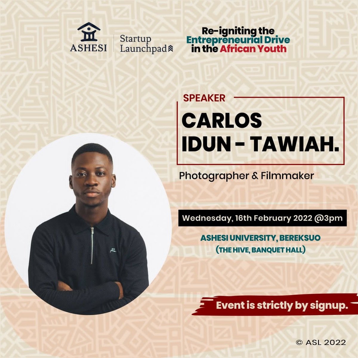 Meet @carlosidun, a young successful photographer and filmmaker. He is one of our speakers for the Re-launch conference. Kindly check out the emails from ASL for the sign up process.

#ashesi #asl #ashesientrepreneurs #relaunch