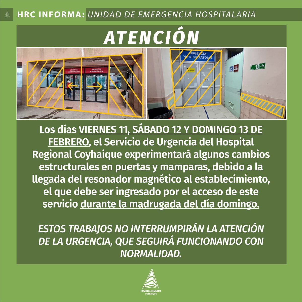 📌IMPORTANTE📌 Este fin de semana llega al <a href="/HospitalCoyhaiq/">Hospital Regional Coyhaique</a> el Resonador Magnético, ansiado equipo que permitirá entregar diagnósticos más oportunos a nuestros usuarios. Esto conlleva cambios provisorios en la Urgencia del HRC
¡Ayúdanos a difundir esta importante información!