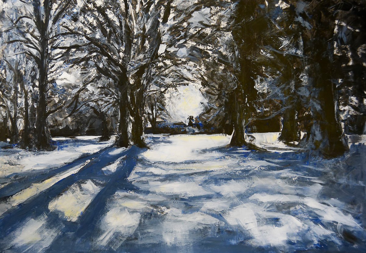 Winter sunlight. Acrylic on paper, palette knife, 42cm x 60cm.

#wintersun #wintersunshine #lightthroughthetrees #acryliconcanvas #acrylicpainting #acryliconpaper #snow #trees #landscapeartist #landscapepainting #paletteknifepainting #womenpainters #artistsoftwitter #artist