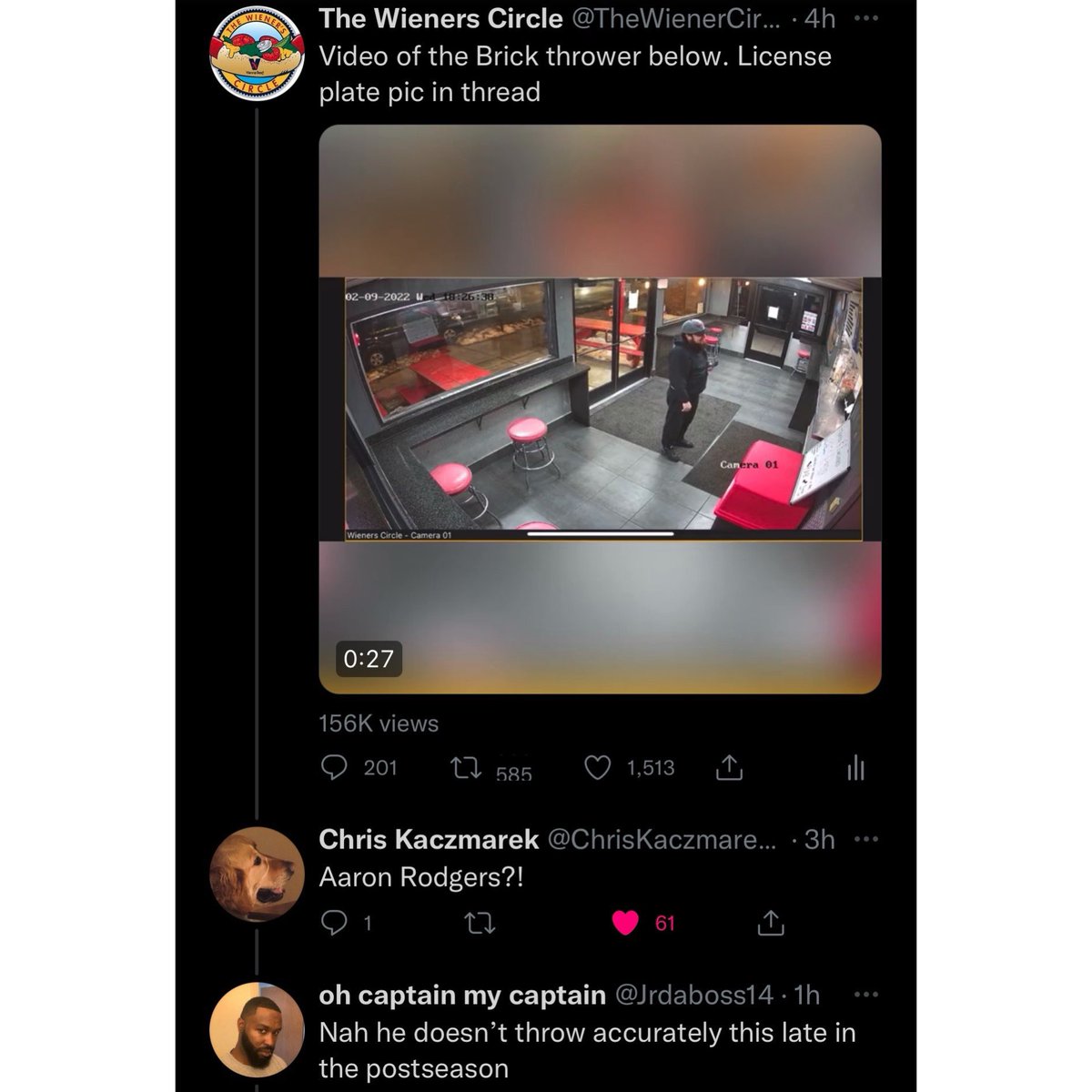 TheWienerCircle's tweet image. Huge progress today in cracking the case. We can confirm that the perpetrator was not @AaronRodgers12, Mr. regular season can’t throw snowballs accurately in February