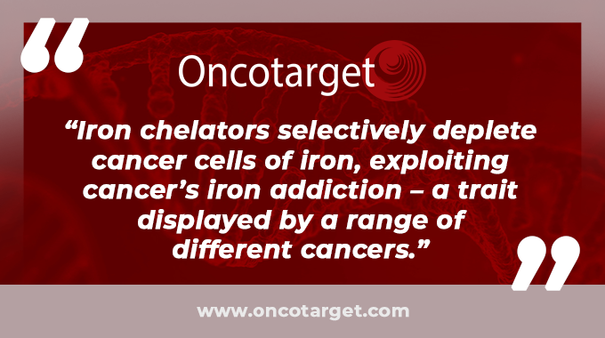 Oncotarget's tweet photo. For a comprehensive review of #iron #chelators in cancer treatment, read Oncotarget's 2021 #PaperoftheWeek: https://t.co/mN20RTFvqs https://t.co/KGdVWmhEff