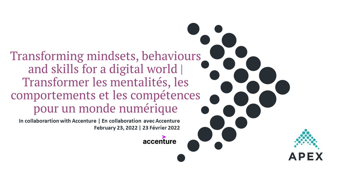 APEX_GC's tweet photo. Le 23 février, @Accenture et l'APEX organisent : Transformer les mentalités, les comportements et les compétences pour un monde numérique. Réexaminez votre approche du développement des talents et des compétences afin que vos employés s'épanouissent.
https://t.co/MCq5Uar8wX https://t.co/PIJBYDmGaR