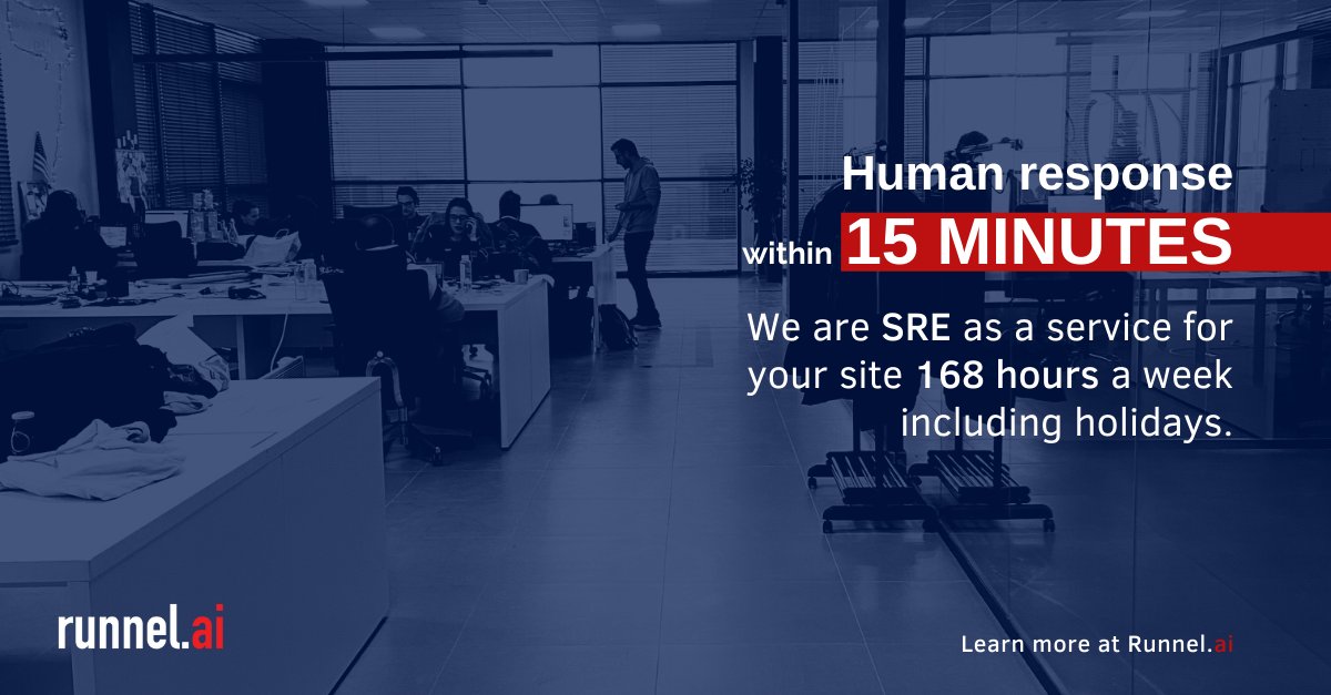 runnelai's tweet photo. Human response within 15 minutes. Our SREs are available to support your site 168 hours a week, including holidays. To learn more about Runnel, visit https://t.co/W4lgMoPrXP 

#Runnel #AI #SRE #GOOGLE #DEVOPS #24x7 #Montioring #AriticialIntelligence #IAC #IAAC #CICD https://t.co/sBtxDJzqFY