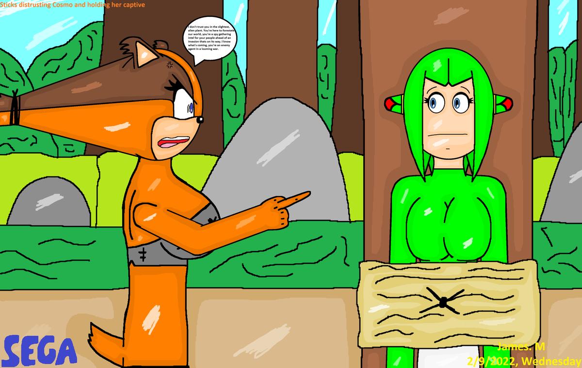 jamesm2022's tweet photo. When Cosmo the Seedarian set foot on Sonic Boom World, curious about the environment, Sticks caught her and tied her up. The badger told Cosmo she didn't trust her, knowing she was an alien and then accused Cosmo of being a spy. Oof!
#SaveCosmo #StickUp4Sticks https://t.co/yYK0byMyU3