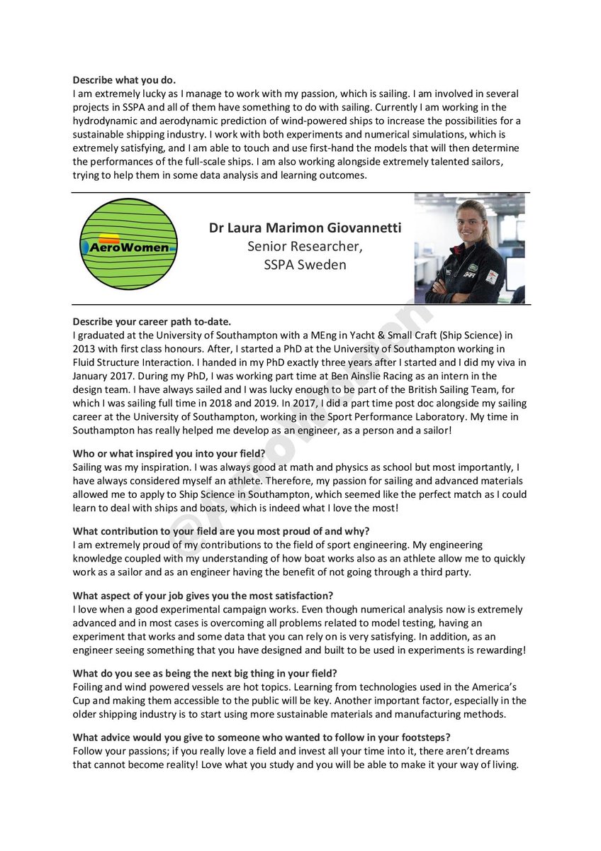 AeroWomen's tweet photo. Meet Dr Laura Marimon Giovannetti, Senior Researcher at SSPA. Laura, an engineer and sailor, works on the hydrodynamic & aerodynamic prediction of wind powered ships to increase the possibilities for a #sustainableshipping industry @WRISEnergy #WomeninSTEM #MaritimeEngineering https://t.co/EDE7DOPpve