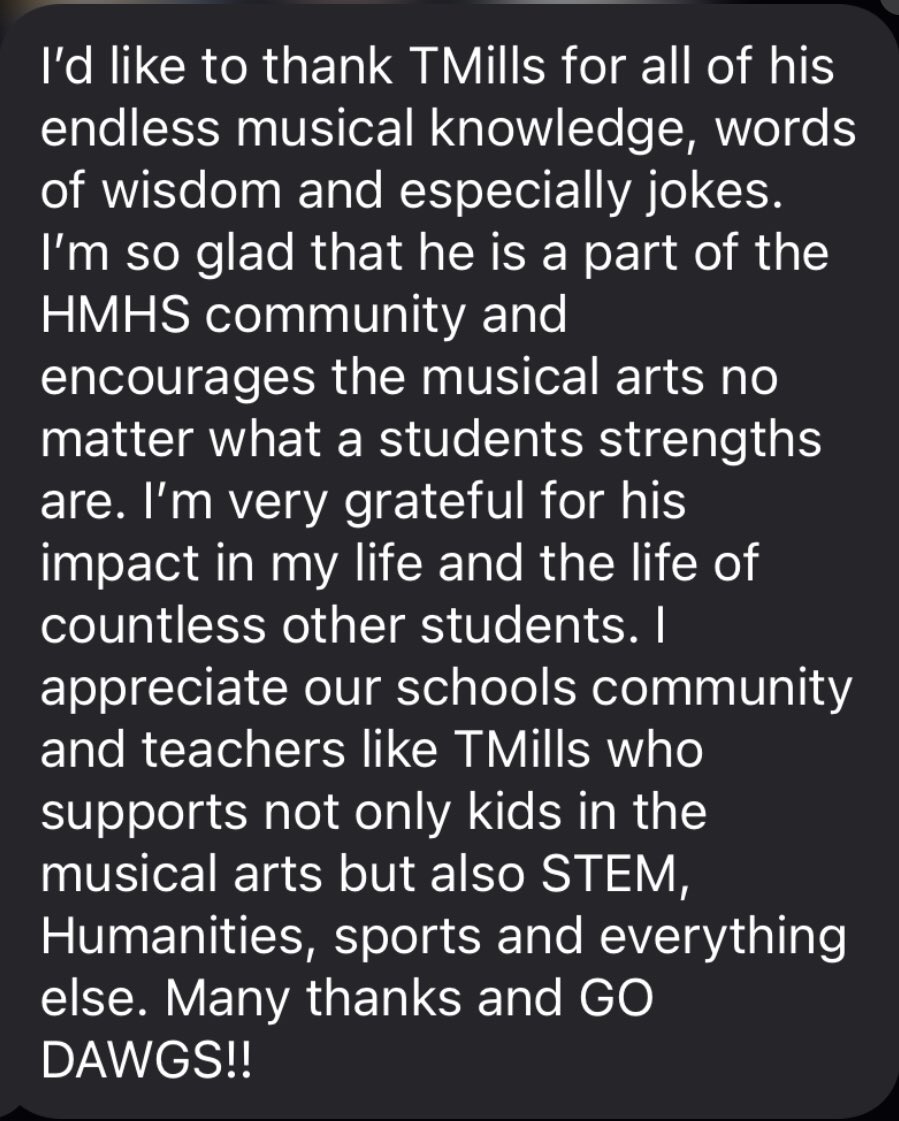 Senior swimmer Courtenay Mackey would like to thank her teacher Mr. Mills for being such a caring and inspiring part of her life 🎶🏊‍♀️ HMHS Swimming appreciates you, @goli44 🐾🐾