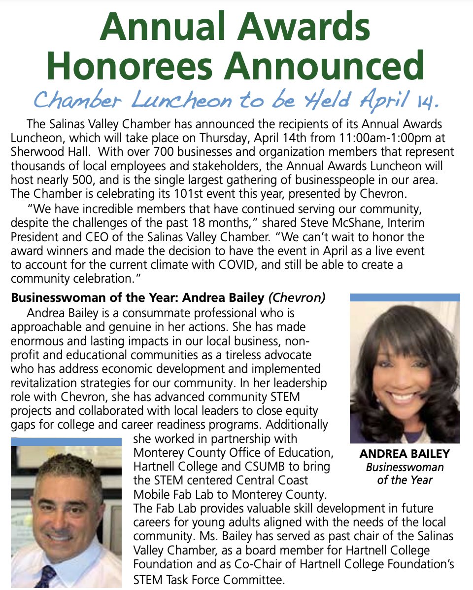 SVLGroup's tweet image. Congratulations to SVLG Board Member Andrea Bailey for being named the Salinas Valley Chamber of Commerce Business Woman of the Year!  salinaschamber.com/business-journ…