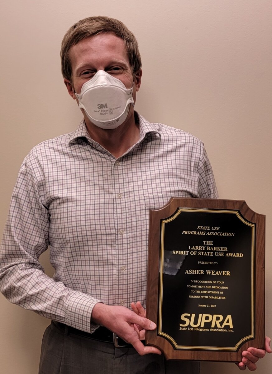 AbilityIndiana's tweet photo. Please join us in congratulating Asher Weaver, Account Executive with Ability Indiana, who received the State Use Programs Association (SUPRA) prestigious Spirit of State Use Award during the awards luncheon at the SUPRA Annual Conference in January. https://t.co/Xzgkwb9anT
