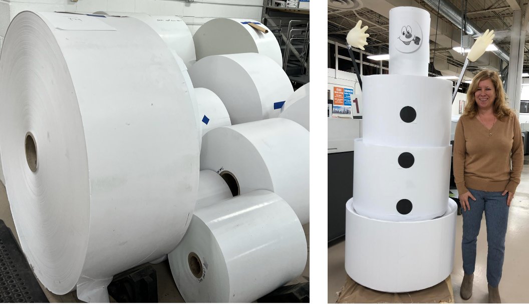 Do you wanna build a snowman? It doesn’t have to be a snowman … in fact, it's stacked rolls of paper at Phoenix Graphics — which ultimately will become ballots, menus, and an array of marketing materials. Shout out to HR Director Jennifer DeBiase for the fab build!