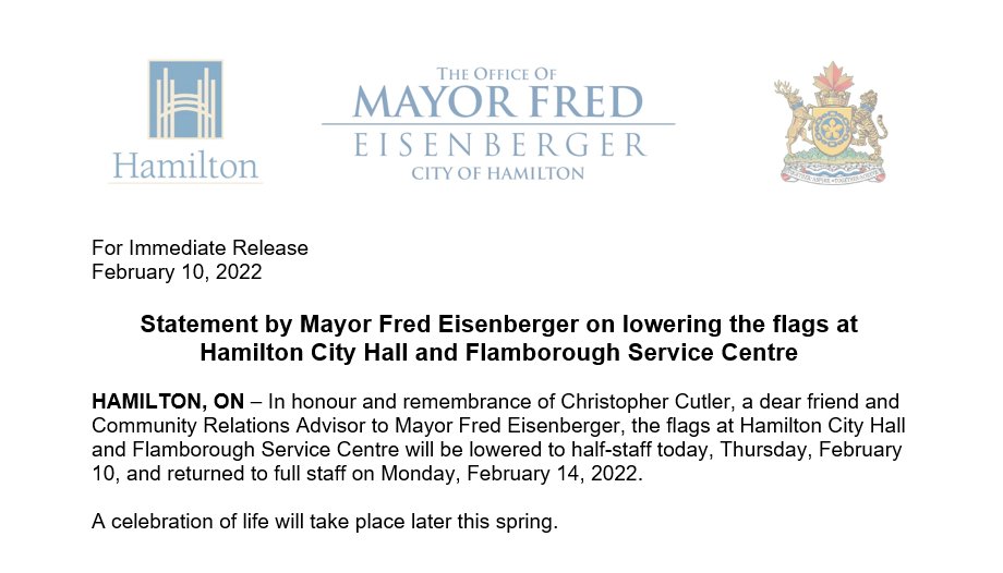 MayorsArchive's tweet photo. In honour and remembrance of Christopher Cutler, a friend, advisor, colleague &amp; community champion, flags at Hamilton City Hall and Flamborough Service Centre will be at half-staff today, Feb. 10, until Monday, Feb. 14, 2022. 

We will miss you, dear friend. 

@cityofhamilton https://t.co/oSNAXmWKFd