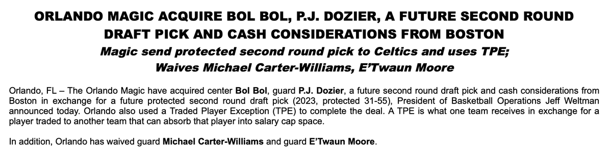 Celtics trade Bol Bol and PJ Dozier to the Orlando Magic in cost
