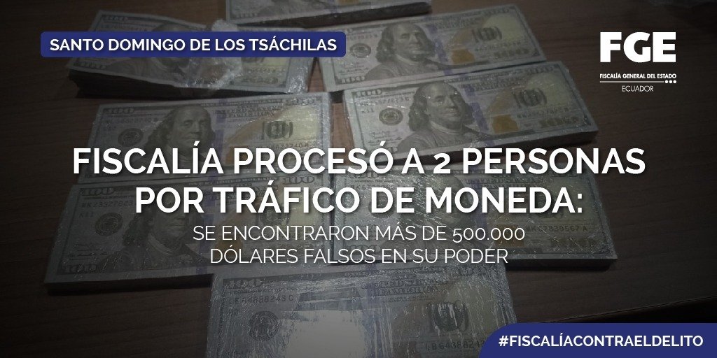 FiscaliaEcuador's tweet photo. #ATENCIÓN | #SantoDomingoDeLosTsáchilas: dos ciudadanos fueron procesados por su presunta participación en el delito de tráfico de moneda. Juez no acogió el pedido de #FiscalíaEc y dispuso presentación periódica #Detalles:
https://t.co/X42GCShNQh https://t.co/STgAJ86sdL