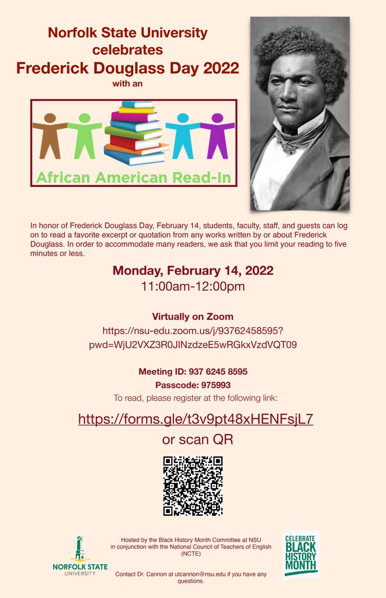 Celebrate Frederick Douglass Day with us on Monday, Feb. 14, from 11 AM to noon on Zoom! Please register in advance at https://t.co/DxRTFaVsGm then join the Zoom event using Meeting ID: 937 6245 8595 with Passcode: 975993.
#BlackHistoryMonth #BlackHistoryMonth2022 https://t.co/pbWn2V8zJc