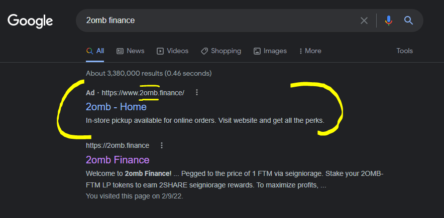 OhuSOL's tweet photo. For anyone doing research on @_2omb which is an approved fork of @tombfinance. Please be careful, and be sure to click on the correct links. I did a google search for "2omb finance" and noticed a PPC ad with a misspelled URL "2 o r n b".. likely a scam. #WAGMI https://t.co/5AO2z9yc4Y