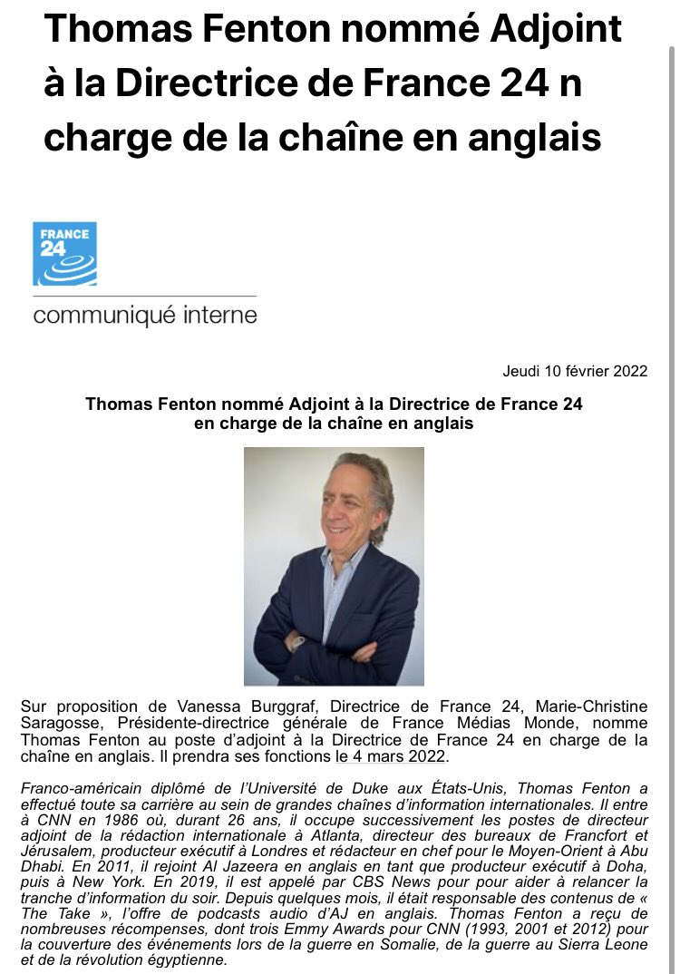 Trois mois après une motion de défiance contre son prédécesseur, <a href="/TFenton2/">Thomas Fenton</a> est nommé directeur adjoint de France 24 en anglais. 

Nous lui souhaitons chaleureusement la bienvenue et espérons vivement qu’il saura remettre de l’ordre et être à l’écoute des équipes. #welcome