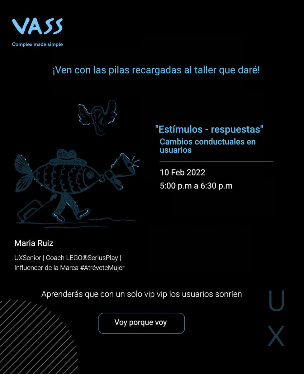 VASSPeru's tweet photo. 😀Hoy nuestra experta #uxdesigner @María Ruiz nos dará un taller sobre cambios conductuales en las personas y cómo agregar valor en los productos y servicios trasmitiendo emociones positivas 🤝
#VASS #UX #UI #psicologia https://t.co/tBAgMebXrR