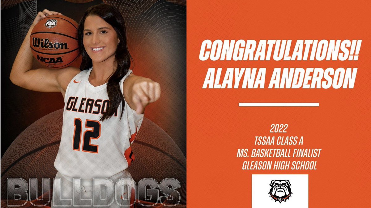 Congratulations <a href="/alayna_grace/">alayna grace anderson</a> for being selected as a TSSAA Class A Ms. Basketball Finalist! We are so proud of you! #GoDawgs 
<a href="/JSWriterMichael/">Michael Odom</a> <a href="/tssaa/">TSSAA</a> @therealrod24 <a href="/ThunderboltInfo/">Thunderbolt Radio & Digital</a> <a href="/GleasonGBB/">Gleason Lady Bulldogs</a> <a href="/Kreager/">𝑇𝑜𝑚 𝐾𝑟𝑒𝑎𝑔𝑒𝑟</a> <a href="/johnvarlas/">John Varlas</a>