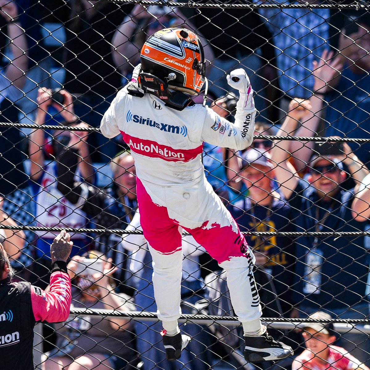 IMS's tweet image. #IMSWantsToKnow: How many times have you seen @h3lio climb the fence in person at the Racing Capital of the World? 

Don't miss your chance to potentially see his 5th climb in May by getting your #Indy500 tickets today!

🎟 &amp;gt;&amp;gt;&amp;gt; bit.ly/3k4GphS

#INDYCAR | #IsItMayYet