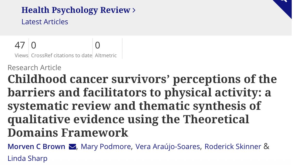 Excited to say our review on the barriers & facilitators to #physicalactivity after #ChildhoodCancer is published with HPR.🥳 Highlights the need for further #QualitativeResearch to understand the issues post-treatment. @VeraAraujoSoare @NU_Cancer.Funder: @CCLG_UK @ChildCancerNTH