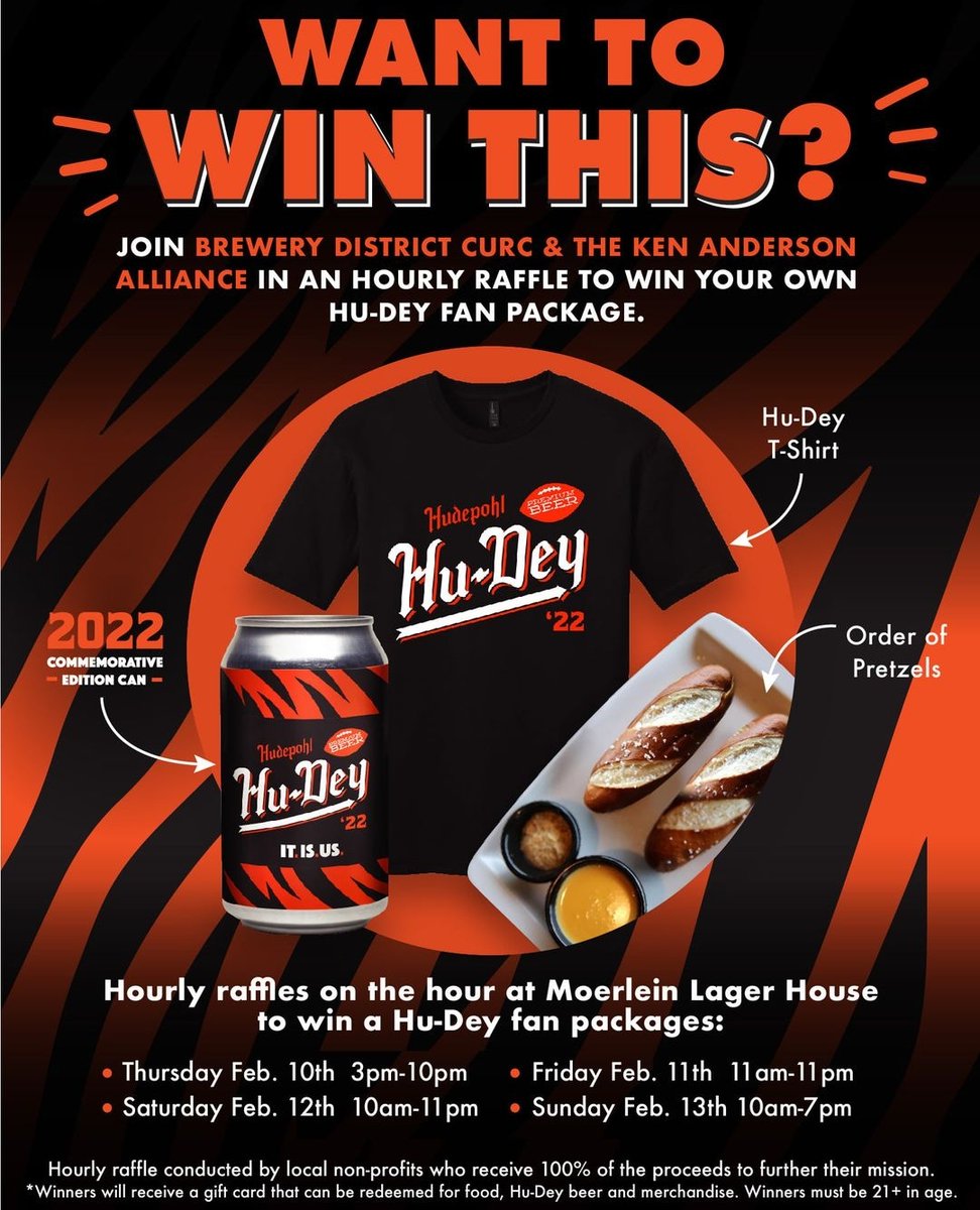 CincyLagerHouse's tweet photo. Don't forget to join us for the hourly raffle beginning today at 3pm at the Moerlein Lager House for your chance to help a non-profit and win that Hu-Dey Fan Pack. Every hour the raffle starts over, and you have to be present to win! https://t.co/tKFCjelOoQ