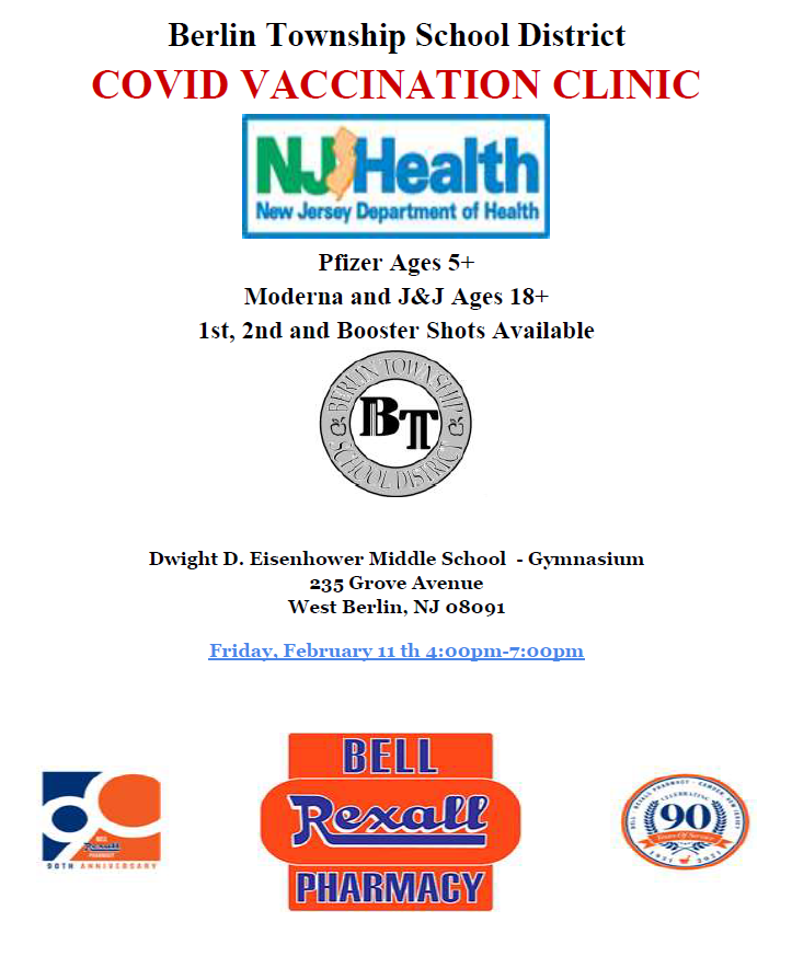 Berlin Township School District Vaccination Clinic
Feb 11, 2022 4pm - 7pm.