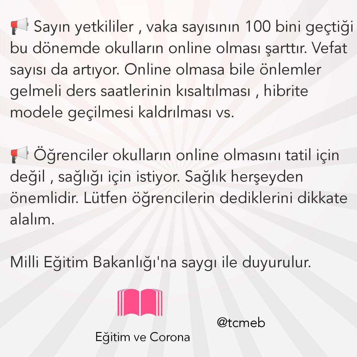 _habergundem_'s tweet photo. 🔴 Okullar için hazırlamış olduğumuz yazı. Lütfen bunu biz öğrenciler olarak hem cimerden hem de Twitter'dan MEB'e yollayalım.  Uzaktan eğitim için elimizden geleni yapacağız. 

@tcmeb 

#MeclisDeğilOkullarKapatılsın https://t.co/DQSEohuhP3