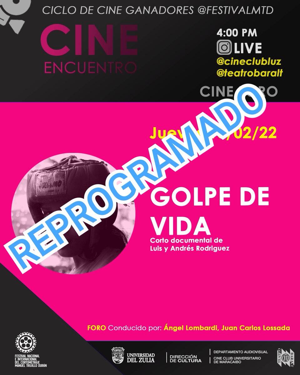 Notificamos que el #CineEncuentro de hoy se reprograma para el 17 de febrero a las 4:00 p. m., a través de nuestras cuentas en Instagram: <a href="/teatrobaralt/">Teatro Baralt</a> y <a href="/cineclubluz/">CineClubLUZ</a>.
Ofrecemos disculpas por las molestias ocasionadas.