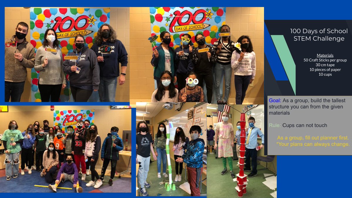 #6Navy participated in a fun afternoon of  #100daysofschool activities. We had a photo op and a #stem challenge. #shrewsburylearns